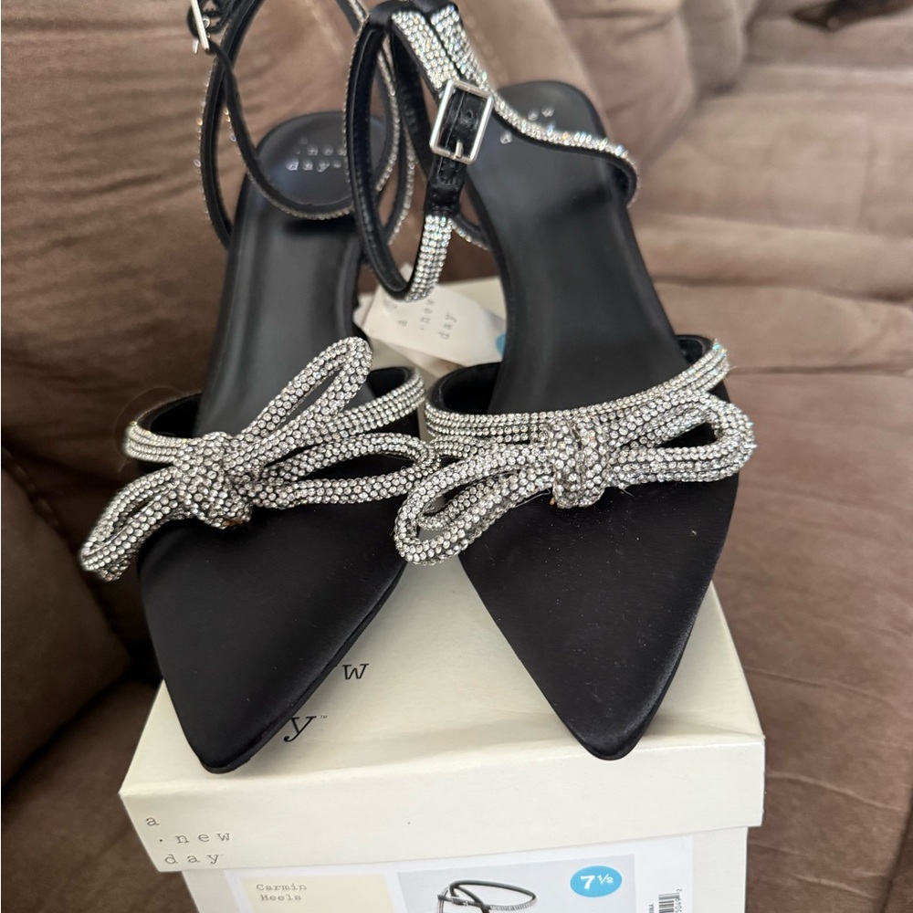 a new day Black Pointed-Toe Ankle Strap Heels with Crystal Bow